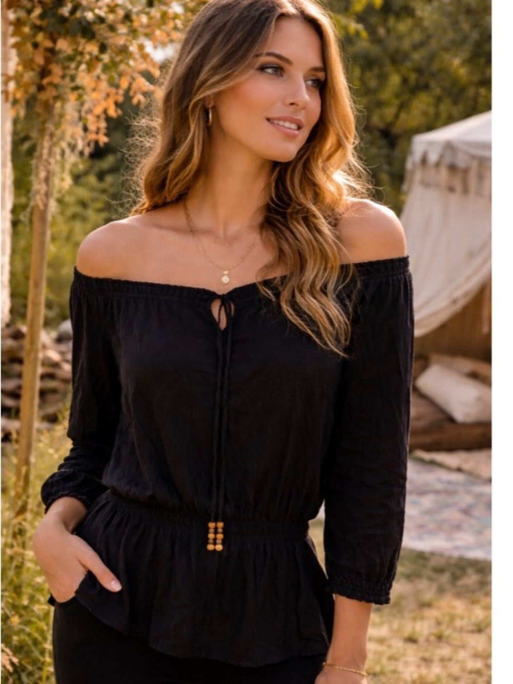 croft & barrow Black Off-Shoulder Peasant Top